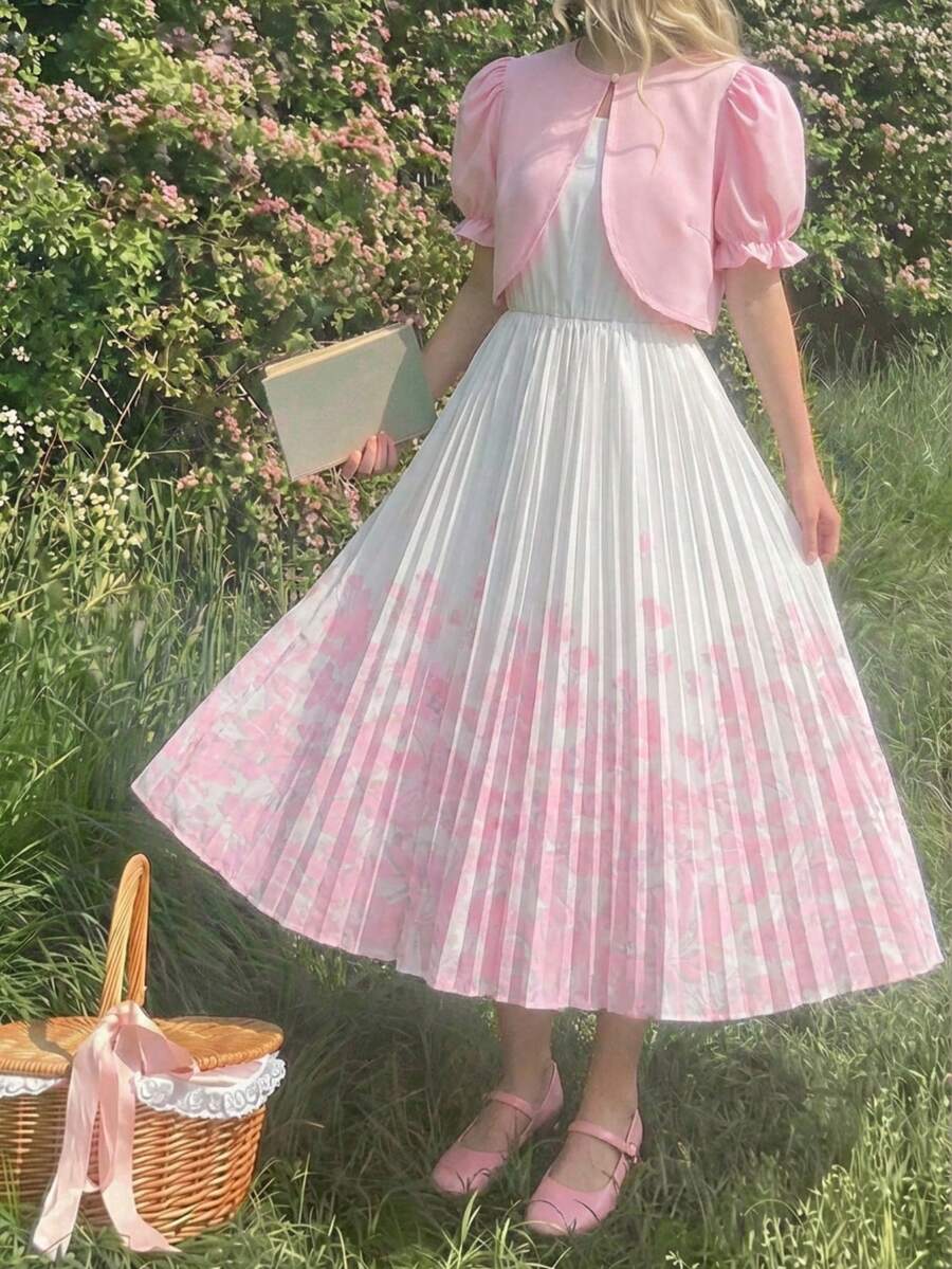 SHEIN 2件組花卉印花百褶洋裝與開襟衫套裝，適合青少年女孩，優雅夏季新品 - 粉色 - 查看 1