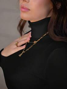 Hitanina Jersey de cuello alto de punto acanalado sin collar, blusas de manga larga - Negro - Ver 3