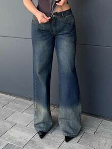 Jeta Ari 女士直筒宽松休闲口袋牛仔裤，百搭 - 深色水洗藍 - 查看 4