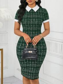 SHEIN Lady Đầm nữ dáng ôm vừa vặn họa tiết kẻ caro thanh lịch dài ngang gối, đầm công sở mùa hè cho nữ, đầm đi làm cho nữ, trang phục nữ người Phi, đầm tốt nghiệp/ đầm sinh nhật & sự kiện /đầm công sở /đầm đi lễ/ đầm bodycon cổ bẻ, đầm tweed xanh, đầm tay ngắn họa tiết kẻ caro thanh lịch, đầm công sở xanh cho nữ, đầm công sở ôm dáng, đầm mùa hè cho nữ - Màu xanh lá cây đậm - Xem 3