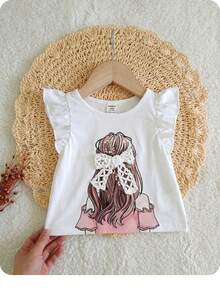 SHEIN [Random 3 Colors, Send 1 Piece]Babygirl Cute Bee And Floral Print Cap Sleeve Casual Top, Summer Toddler Flower Clothes Cute Tops Baby Clothes Girl Flounce Sleeve Baby Girl Summer Shirts Cute Toddler Tops - White - View 9