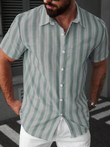 Manfinity CasualCool 男士条纹短袖单排扣休闲衬衫 - 彩色 - 查看 4