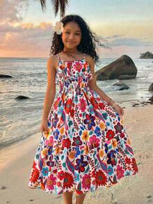 女童荷叶边下摆水果植物印花拼接吊带度假连衣裙 - 彩色 - 查看 2