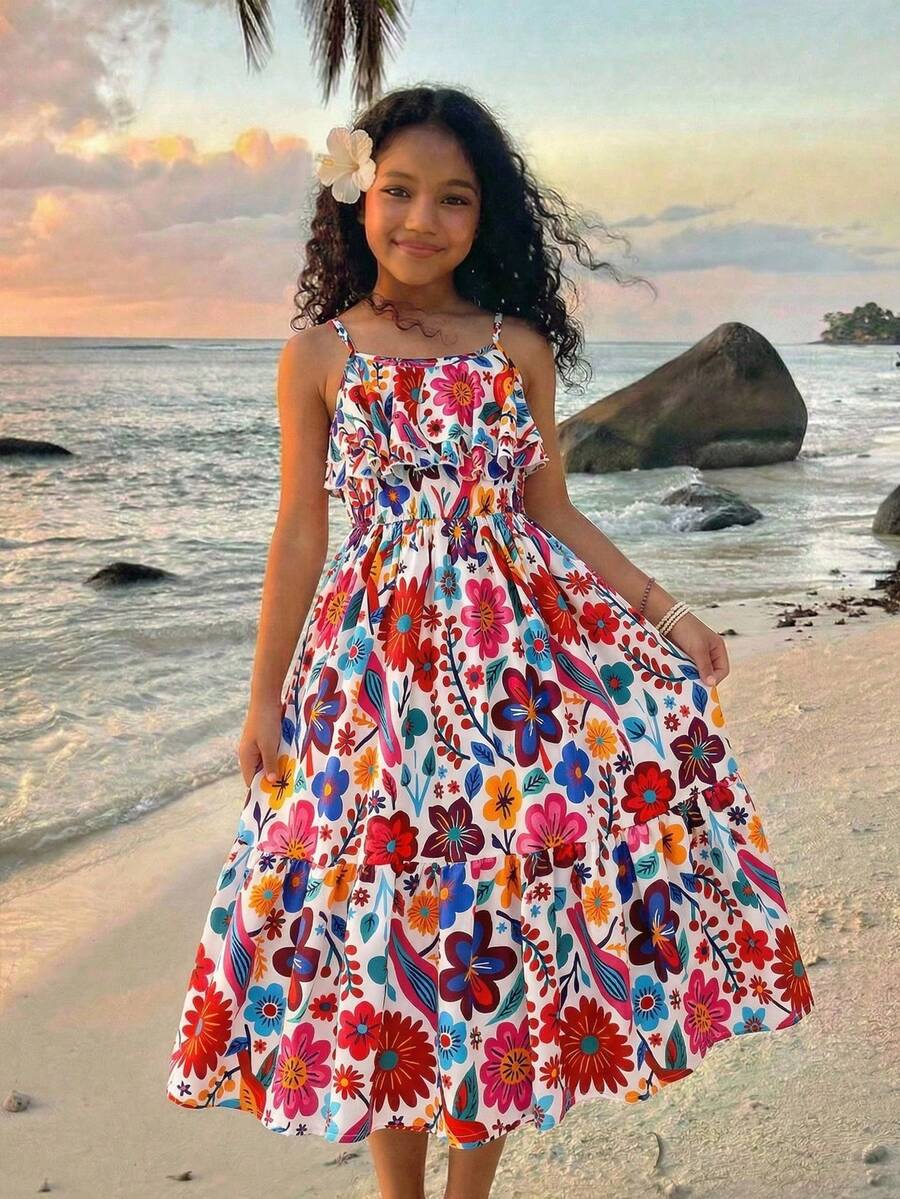 女童荷叶边下摆水果植物印花拼接吊带度假连衣裙 - 彩色 - 查看 1