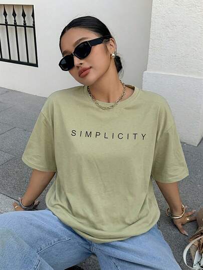 Dazy Plus Letter Print Casual Loose Fit Crew Neck Short Sleeve White T-Shirt, Streetwear Style