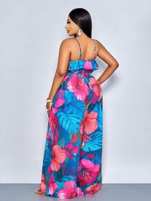 SOLERSUN Mono con estampado floral de cuello en V con volantes y espalda descubierta, con adornos de cuentas metálicas y pantalones anchos de pierna A-line, adecuado para uso casual diario, reuniones, citas, San Valentín, viajes, vacaciones en la playa, Año Nuevo, festivales de música, carnavales, una prenda de vestir de estilo bohemio sexy y elegante para mujeres. Conjuntos tropicales de Burkina para mujeres, conjunto hawaiano para mujeres - Azul - Ver 3