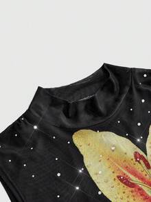 ROMWE Top corto ajustado con cuello alto, de malla transparente y estampado de lirios para mujeres - Negro - Ver 7