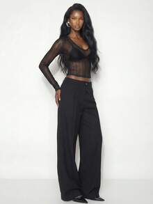 Femmeiva Women's Chic Sexy Sheer Glitter Textured Long Sleeve Tight Fit T-Shirt, Spring/Summer - Dark Grey - View 5