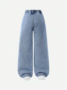 Tween Girl Y2K Style Vintage Washed Blue Asymmetric Waist Loose Wide Leg Jeans, Suitable For Everyday Wear Summer - Light Wash - View 3