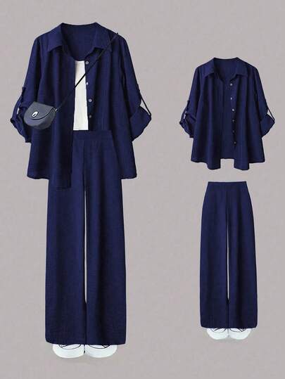 SHEIN LUNE Plus Size Women's Casual 2 Pieces Set, Solid Color Turndown Collar Single-Breasted Casual Commuter Shirt And High Waist Loose Wide Leg Pants Suit