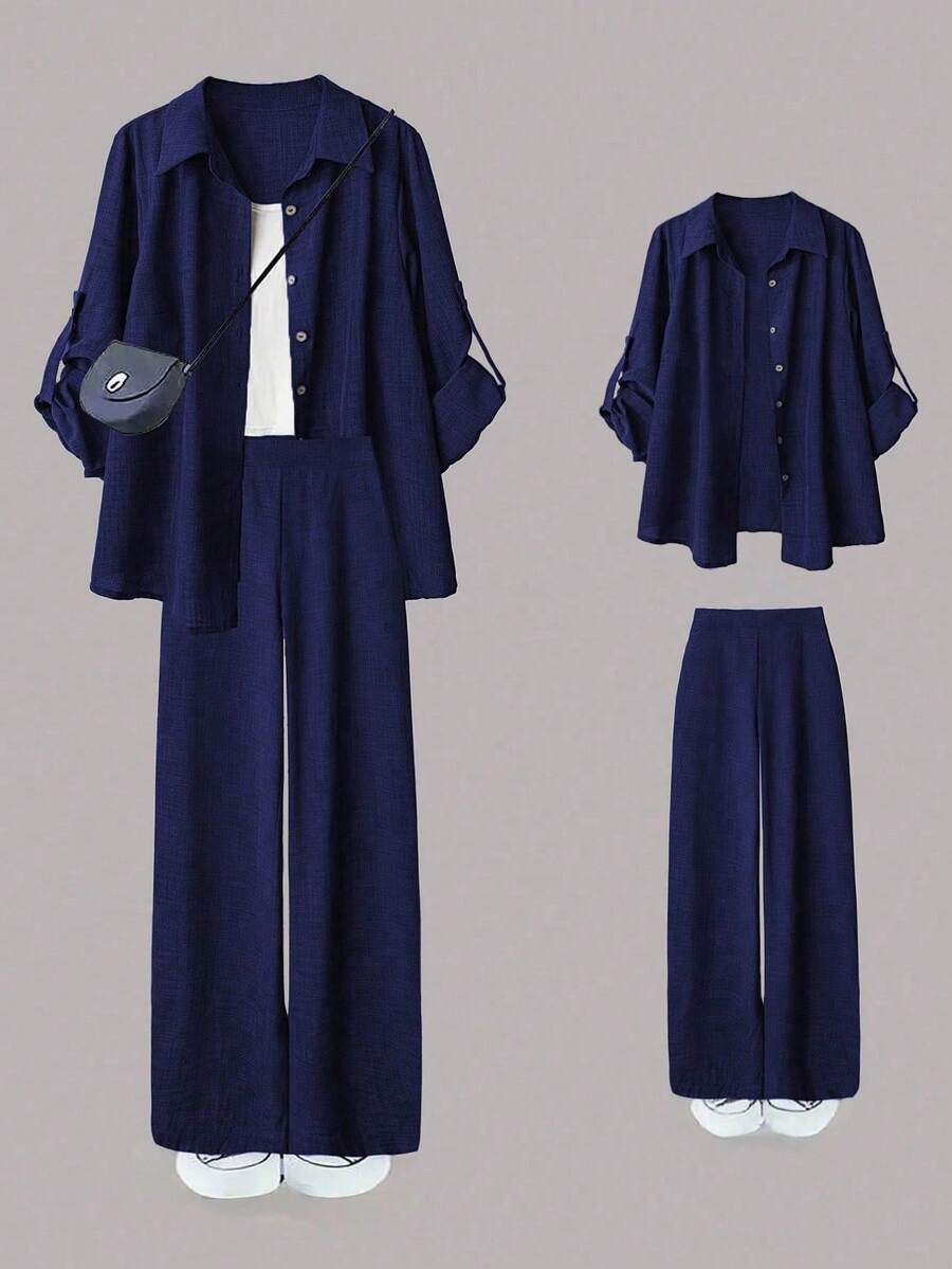 SHEIN LUNE 大码女式休闲两件套，纯色翻领单排扣休闲通勤衬衫和高腰宽松阔腿裤套装 - 藏蓝色 - 查看 1