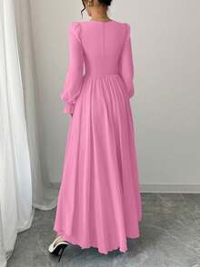 Modelyn Women's Solid Color Sweetheart Neck Tie-Up Design Elegant Waist Cinched Dress - Pink - View 2