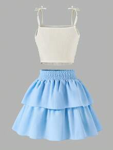 Sparklyn 两件套青少年春夏度假新款蓝色褶皱吊带背心和蓝色印花迷你裙套装 - 彩色 - 查看 2