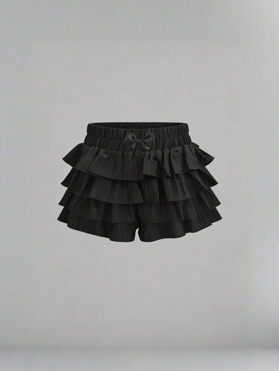 SHEIN 少女休闲纯色短裤,适合母亲节、毕业典礼、春夏日常、外出、度假、节日穿着,时尚百搭,休闲百搭,适合返校、休闲、返校季等场合。 - 黑色 - 查看 1