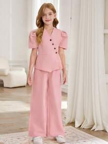 SHEIN 2件套女童花瓣袖西装上衣和直筒阔腿裤套装 - 粉色 - 查看 7