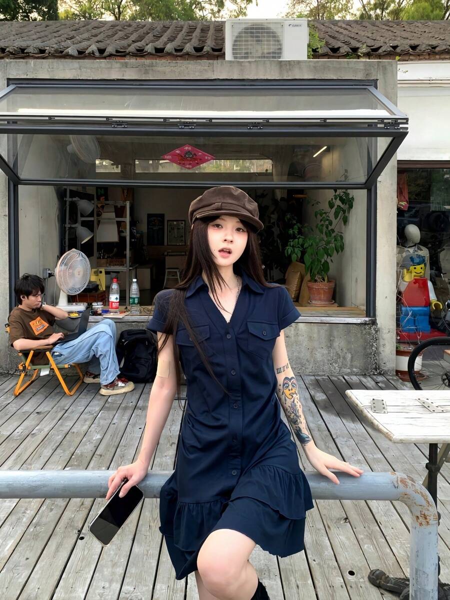 K-Vae Women's Solid Color Ruched Waist Mini Dress, Suitable For Dates And Parties Retro Dresses For Woman Casual Dress Women,Summer Dresses For Women - Navy Blue - View 1