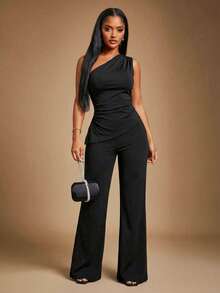 SHEIN SXY Bộ đồ 2 món dành cho nữ cỡ lớn: Áo không tay vạt lệch màu trơn và quần ống loe. - màu đen - Xem 1