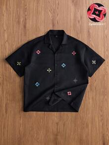 TOKVUE 男士经典花卉图案撞色刺绣休闲衬衫，适合街头、音乐节、聚会、送给男友/丈夫、周年纪念日等场合。 - 黑色 - 查看 2