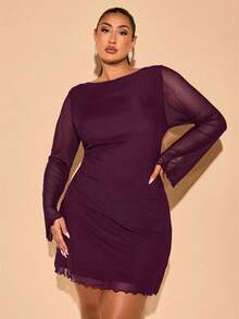 SHEIN BAE Plus Size Women's Dark Purple Autumn Classy Night Out Club Mini Short Dress,Spring & Summer High Street French Cocktail Evening Gown For Vacation - Red Violet - View 4