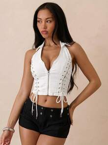 StreetHx Women's Solid Color Lace-Up Zipper Halter Backless Sexy Sleeveless Denim Crop Top - White - View 5