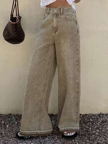 DAZY 女士宽松水洗卡其色牛仔裤 - 卡其色 - 查看 4