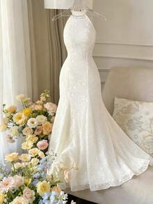 Elenzga Đầm chữ A không tay, ren, thanh lịch, lãng mạn, ôm sát, thích hợp cho các bữa tiệc, họp mặt, du lịch quê, đám cưới. - Màu be - Xem 3