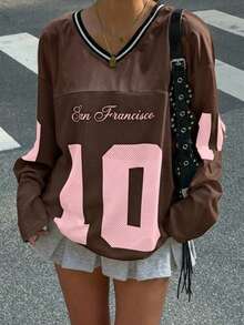 Muchica 女士新款V领休闲运动字母图案拼接宽松长袖T恤，白色 - 巧克力棕 - 查看 5