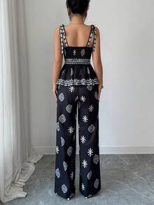 Selianne Conjunto informal de 2 piezas de top de tirantes con pliegues y estampado floral y pantalones de pierna ancha - Negro - Ver 2