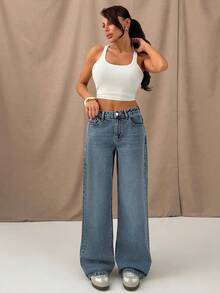 Light Washed, Wide Leg Straight Fit, Pocketed, Natural Waist, Denim Pants, Jeans - Light Wash - View 3