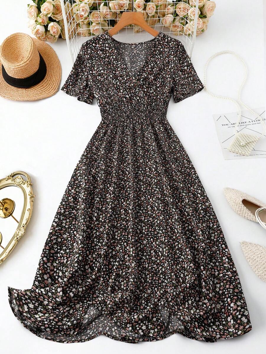 EMERY ROSE Gaun Kasual Lengan Pendek Bermotif untuk Wanita, Desain Acak, Pakaian Maxi Wanita - Hitam - View 1