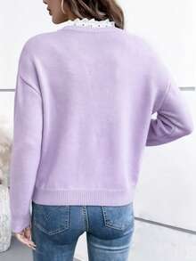 EMERY ROSE French Elegant Neck Romantic Lace Pullover Sweater For Women - Mauve Purple - View 2