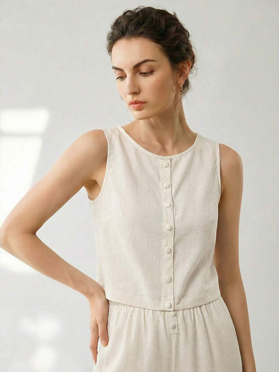 Uhlyne Uhlyne 女士亚麻无袖上衣,优雅纯色简约休闲通勤上衣,纽扣设计,适合秋季、简约、商务休闲、度假、工作、教师、返校、秋季穿着,尽显复古韵味。 - 杏色 - 查看 1