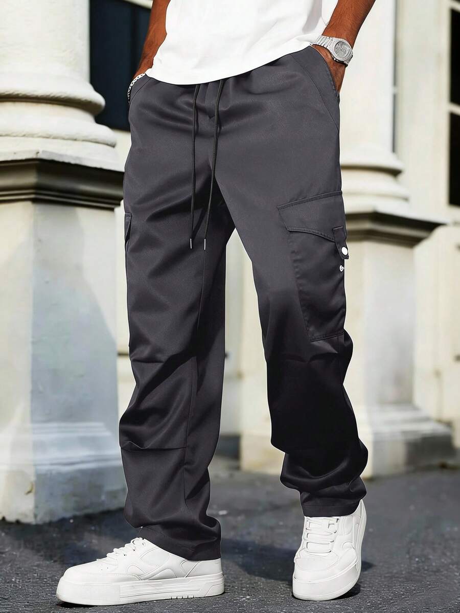 Manfinity CasualCool Men's Solid Color Drawstring Waist Casual Everyday Cargo Pants - Flint Stone - View 1