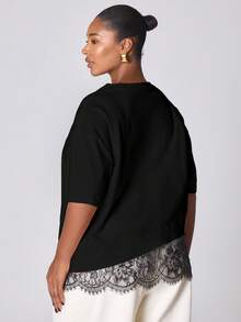 MUSERA Camiseta de talla grande con dobladillo de encaje, acentuada, para salir, fiesta de noche, primavera y verano, casual y sexy - Negro - Ver 5