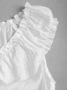 Sweetra French Retro Vertical Stripe Textured Ruffle Splice Wooden Button Puff Sleeve Women's Short Sleeve Blouse, Suitable For Spring/Summer Casual And Dating - White - View 4