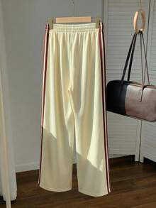 Comfortcana Quần nỉ nữ dáng rộng, thoải mái, cạp chun, màu be, phối sọc tương phản bên hông, thích hợp mặc đi học, mùa xuân/hè. - Màu be - Xem 2