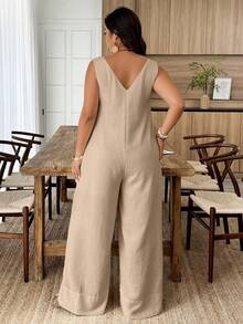 Weeklong White Plus-Size Jumpsuit - Sleeveless, V-Neck & Loose Fit, Suitable For Daily Wear & Office Commute, Spring & Summer Outfit - Khaki - View 2