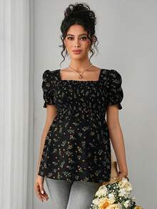 Momance Blusa elegante de maternidad con estampado floral diminuto y ajuste ceñido - Negro - Ver 6