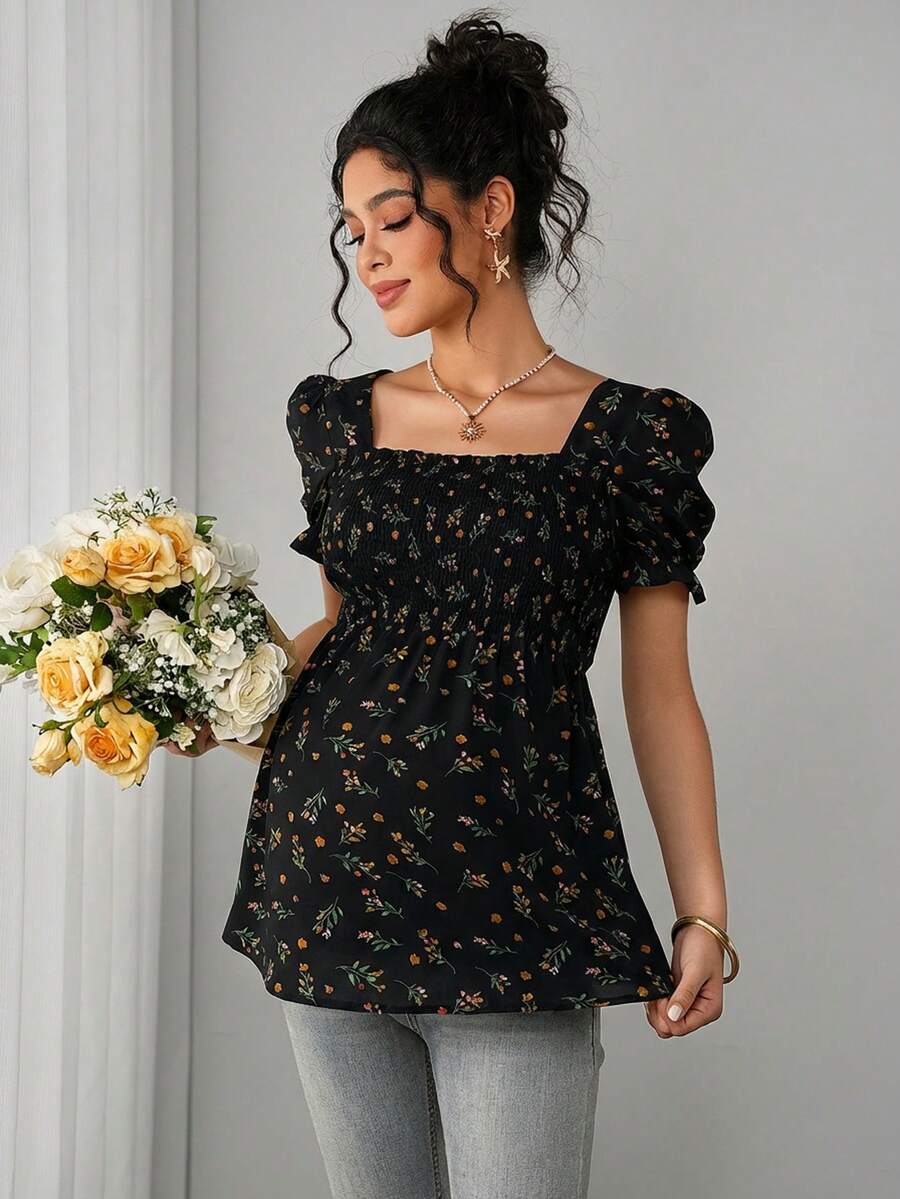 Momance Blusa elegante de maternidad con estampado floral diminuto y ajuste ceñido - Negro - Ver 1