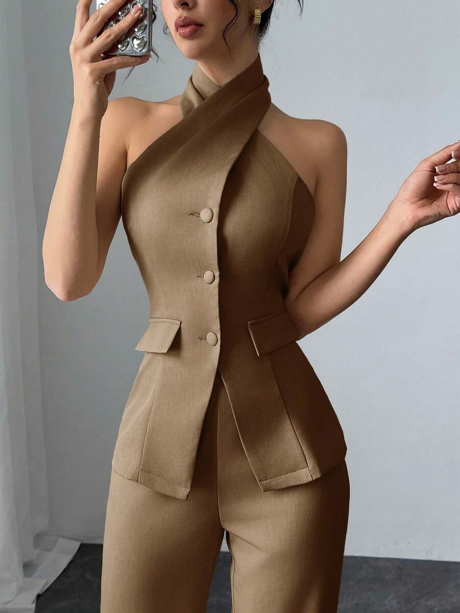 Modelyn 女士纯色露背单排扣上衣和裤子休闲日常两件套 - 卡其色 - 查看 1