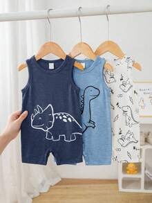 SHEIN Bộ 3 món áo liền quần không tay in hình khủng long dễ thương cho bé trai, thích hợp mặc mùa xuân/hè. - Màu xanh lam - Xem 6