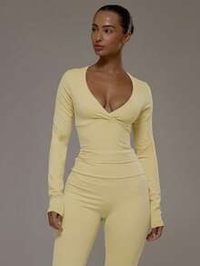 Musera Sport Wrap Front V-Neckline Doule Layered Long Sleeve Active Top Only Sport Workout Gym Pilates Fitness Daily Casual - Butter Yellow - View 5