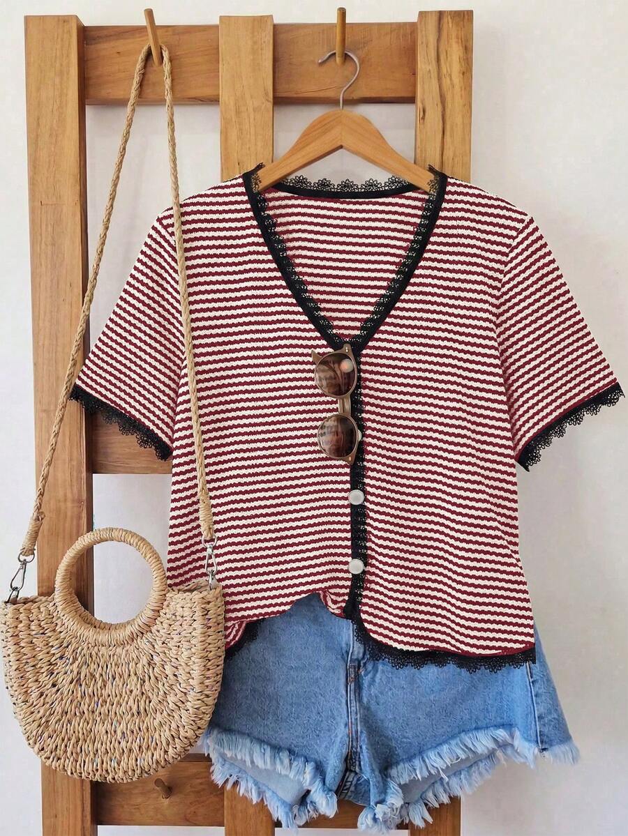 Franclia 大码女式休闲优雅V领短袖T恤 - 紅色 - 查看 1