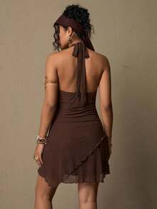 Freevana Plus Size Solid Color Minimalist Daily Wear Halter Neck Dress Summer Holiday Outfits Boho Style Hippie Country Island Vacation Sleeveless Dress Brown Dress Elegant Dress - Coffee Brown - View 3