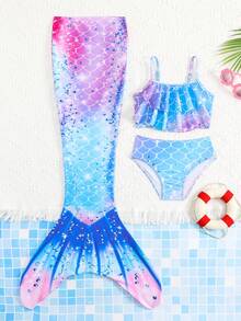 SHEIN GraphicGems Young Girl Mermaid Tail 3 Pieces Set With Scaly Print Elastic Fabric, Ruffle Trim Camisole And Briefs, Comfortable For Swimming And Beach In Summer - Multicolor - View 3