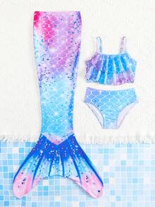 SHEIN GraphicGems Young Girl Mermaid Tail 3 Pieces Set With Scaly Print Elastic Fabric, Ruffle Trim Camisole And Briefs, Comfortable For Swimming And Beach In Summer - Multicolor - View 8