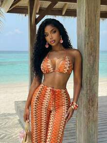 Slaydiva 早春新款，春夏音乐节，情人节，复活节，婚礼季，假日季，海滩度假，休闲，优雅，通勤，日常穿着，工作装，度假，派对，邮轮，派对，基础款，日常约会，比基尼上衣，吊带，露背短款背心+阔腿裤，超长裤，橙色波浪纹理面料套装，女士两件套 -G - 彩色 - 查看 7