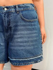 SHEIN Women Washed Detail High-Rise Plus Size Elastic Waist Denim Shorts - Navy Blue - View 5