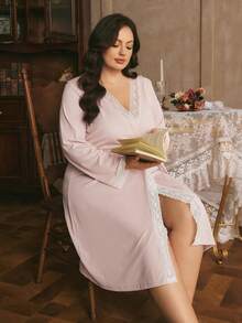 Côtesoire Plus Size Lace Patchwork Long Cardigan Robe, Soft Pink Casual Ladies Sleepwear - Multicolor - View 6