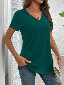 Flexra Women's Casual V-Neck Loose T-Shirt - Green - View 3